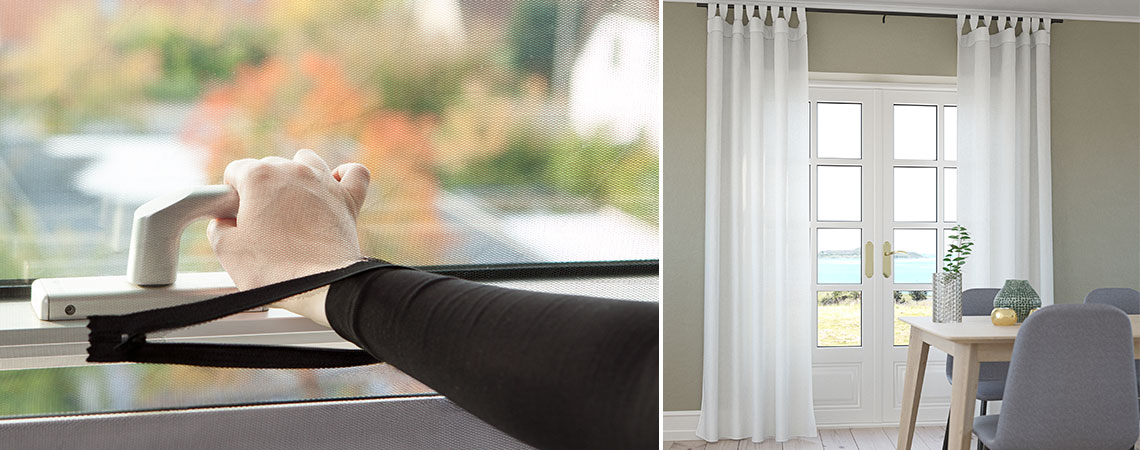 Szúnyogháló, amelytől nyitni-zárni lehet az ablakot és könnyű függöny ablak előtt