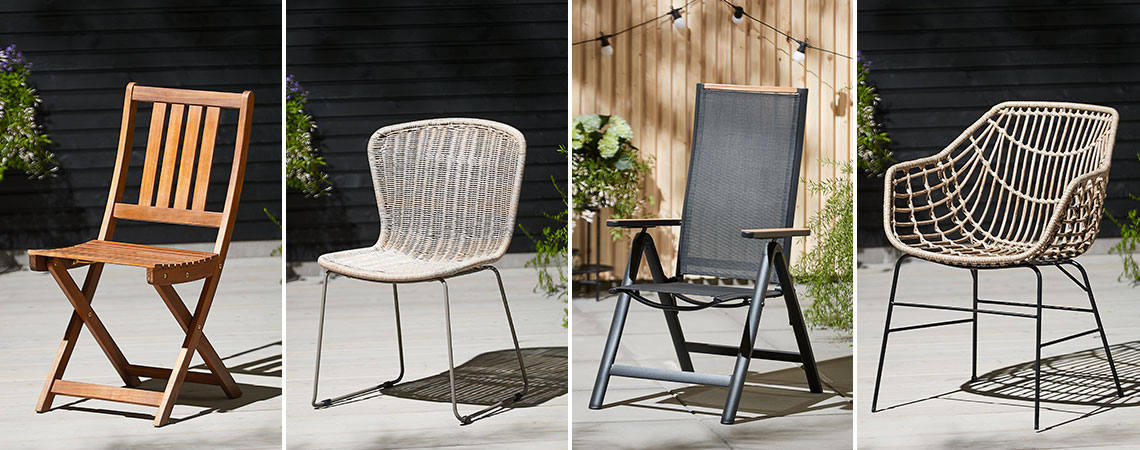 Összecsukható kerti szék, rakásolható kerti szék, hátradönthető kerti szék és kerti szék napsütötte verandán 