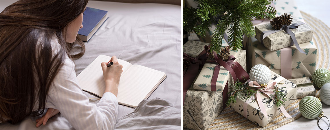 Nő fekszik az ágyon és írja a karácsonyi listát és karácsonyi ajándékok a fa alatt