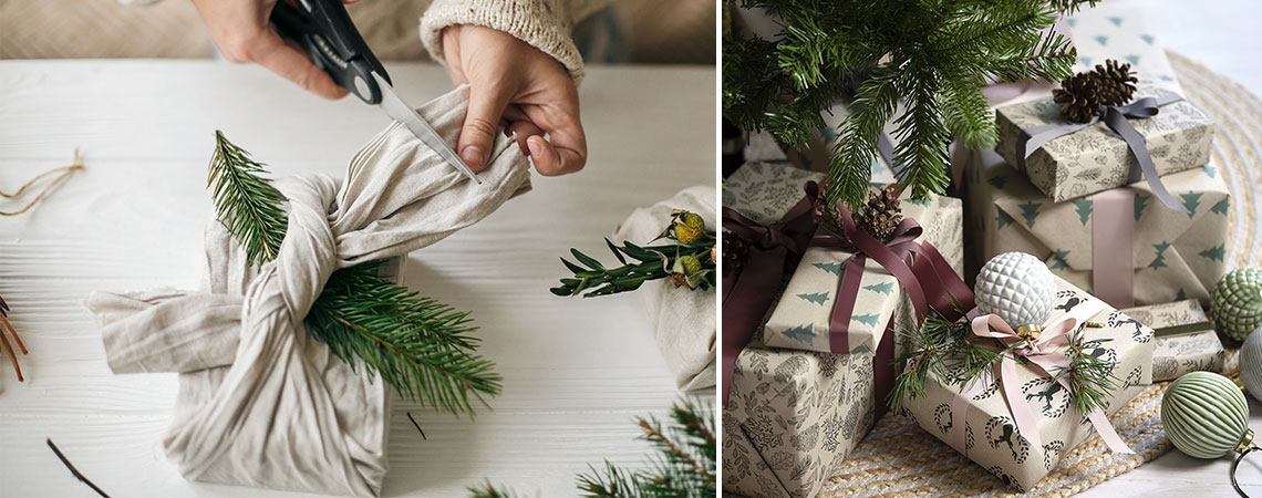 Karácsonyi ajándékok becsomagolva anyag és újrahasznosított csoamgolópapírba 