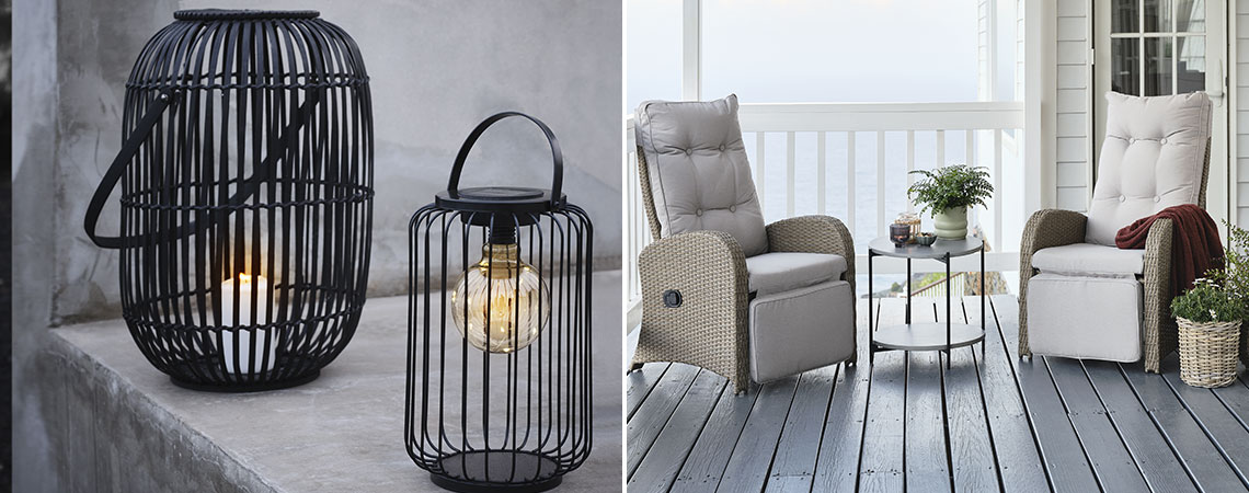 Lámpások és egy erkély kávézó székekkel, kerti kisasztallal és kaspókkal télen 