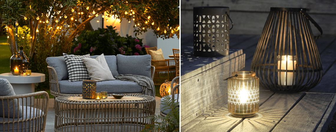 Kerti bútor egy teraszon melegfényű kerti fényekkel és lámpásokkal este