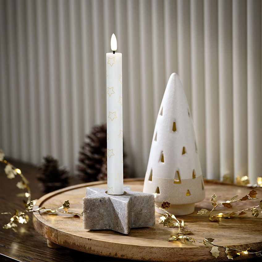 Csillag alakú márvány gyertyatartó, Karácsonyi LED gyertya csillagokkal és LED izzós karácsonyfa