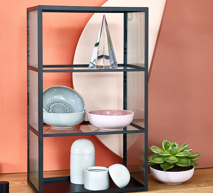 ROAR shelf with TRULS ornament, ALBY storage jars and GILBERT bowls Shelf with ornament, storage jars and bowls