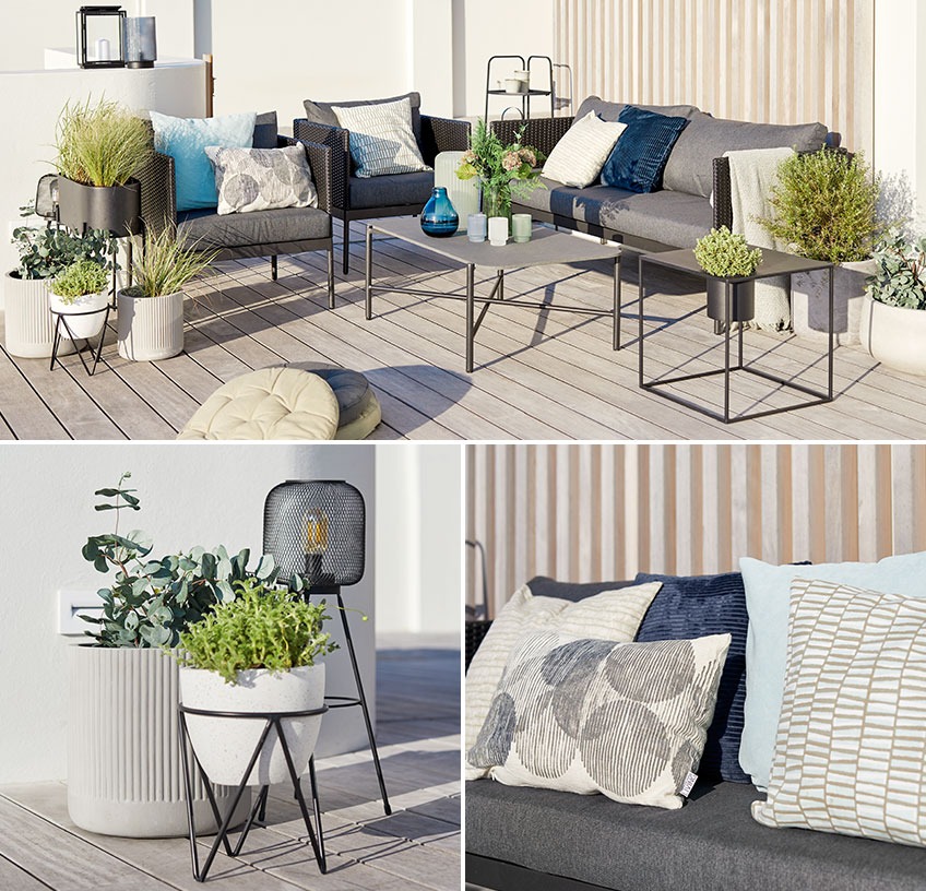 SMYGEHUK lounge set with SYRSA and ILDROVFLUE planters, VANNRIKSE battery lamp, HALEMEJSE lanterns and different cushions Lounge set with planters, battery lamp, garden lanterns and cushions