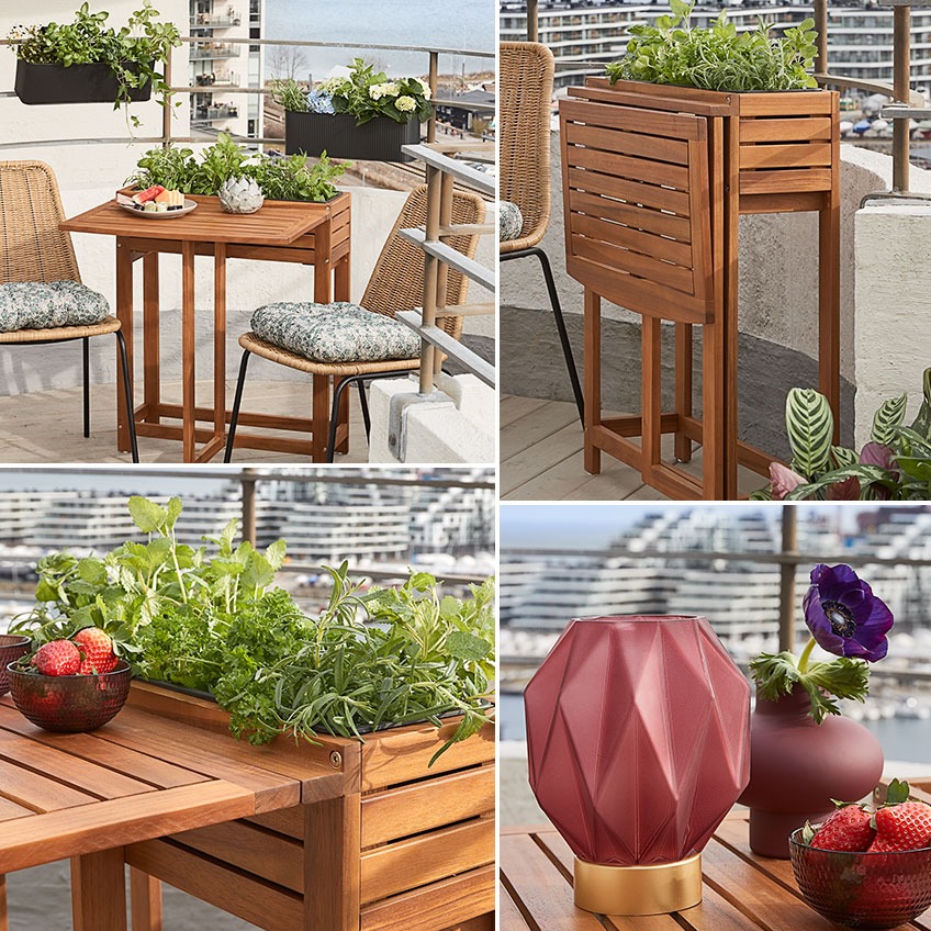 Garden folding table and planter in one with garden chairs, battery lamp and other garden décor 