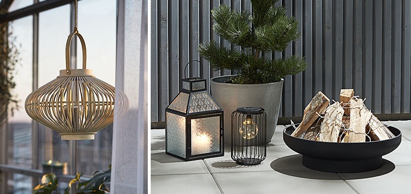 Lanterns and fireplace in outdoors settings