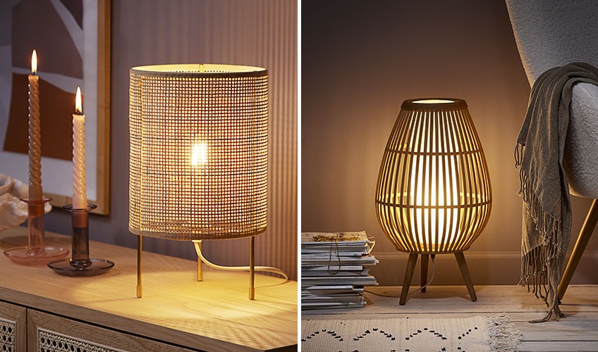 Rattan asztali lámpa és bambusz állólámpa