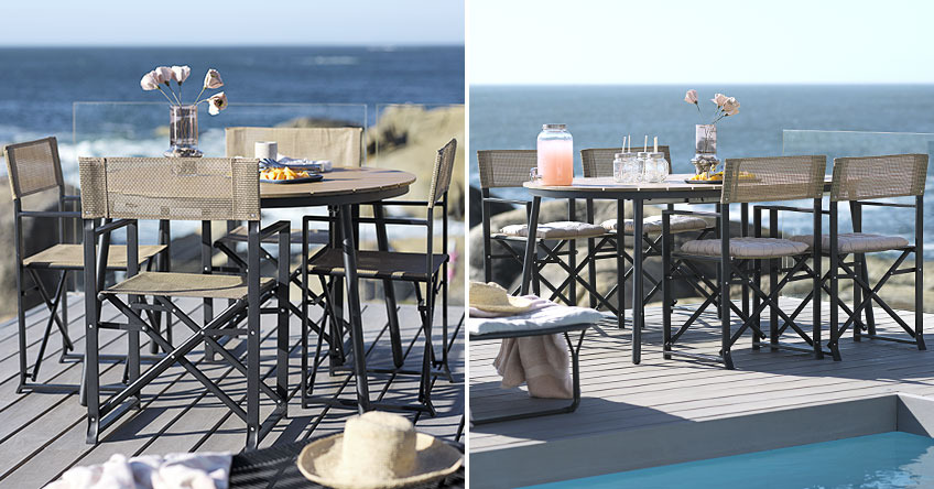 Kerek bővíthető kerti asztal egy teraszon az óceán mellett